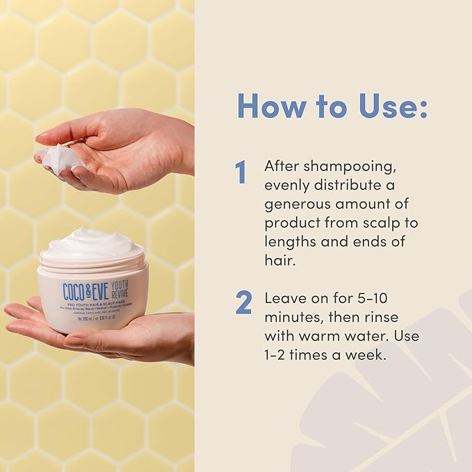 Coco & Eve Pro Youth Hair & Scalp Mask. Anti-aging, strength, shine, volume. Regulate dandruff. With honey, retinol for youthful hydrated hair.