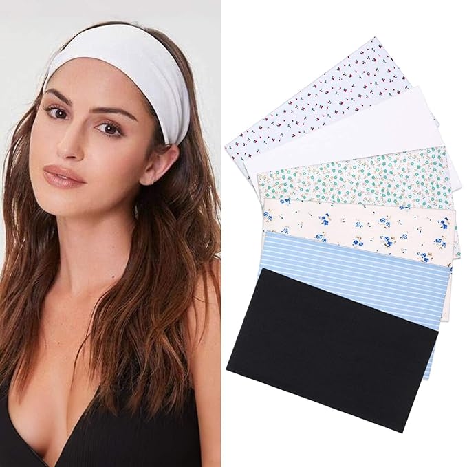 Boho Wide Headbands for Women Short Hair Floral Headbands Non Slip Elastic Sweat Hairbands Soft Fabric Hair Bands Workout Yoga Running Sport Thin Wrap for Girls