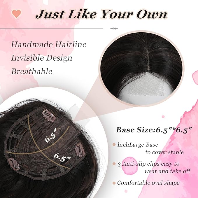 Hair Topper, 360° 3D Hair Toppers for Women with Thinning Crown, 20 Inch Long Wavy Curly Hair Pieces Clip in Bangs (Dark Brown Mixed Chestnut, 20 inch, Side Bangs)