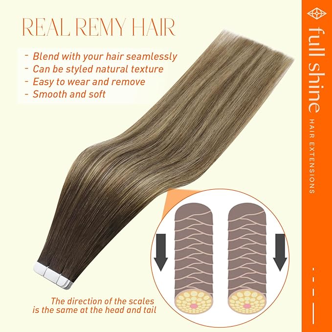 Full Shine Tape in Hair Extensions Human Hair 12Inch Adhesive Tape in Extensions Human Hair Balayage Color 2 Darkest Brown Ombre 3 Brown and 27 Honey Blonde Seamless Extensions 30G 20Pcs Soft Remy