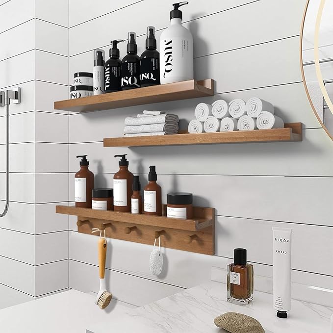MBYD 24 Inch Floating Shelves, Picture Ledge Shelf, Natural Wood Wall Shelf, Nursery Book Shelves for Kids Room Decor with Hooks, Kitchen Bathroom Storage, Living Room Walnut