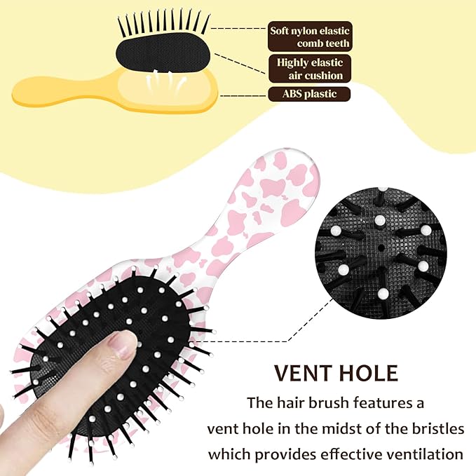 Mini Hair Brush,Cute Detangling Travel Hair Brush,Soft Bristles for Effortless Tangle Removal,Detangler Hairbrush for Women Men Boys Girls Kids Wet Dry All Hair Types (Pink Cow, Mini)