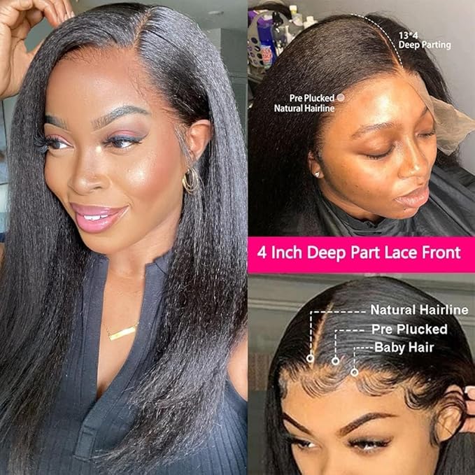 GOLFMAX Yaki Kinky Straight Lace Front Wigs Human Hair 34 Inch 13x4 Transparent HD Lace Frontal Wig Pre Plucked With Baby Hair Yaki Straight Human Hair Wigs For Black Women