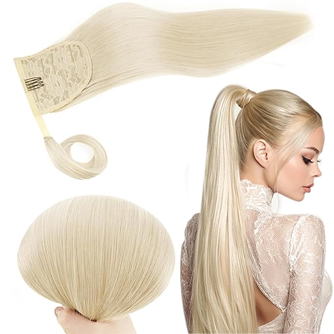 RUNATURE Ponytail Extension Human Hair, Real Hair Ponytail Extension with Magic Paste, Straight Blonde Hair, Tangle Free for Daily Wearing, 14 Inch 70g #800 Platinum Blonde