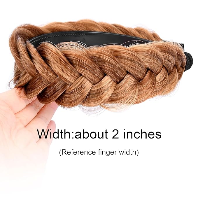 DIGUAN Wide Messy Braided Headband With Teeth Synthetic Hair Plaited Headband High Elasticity Braids Chunky Fishtail Braided Hair Band Hairpiece for Girls Women Beauty Accessory (Strawberry Blonde)