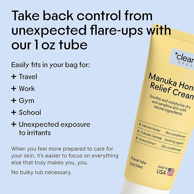 Clearbody Organics Manuka Honey Cream for Eczema & Dry Skin - Manuka Honey Ointment - Colloidal Oatmeal, Aloe & Natural Ingredients - Fast Relief Lotion for Reactive Skin - No Greasy Residue - 1 oz