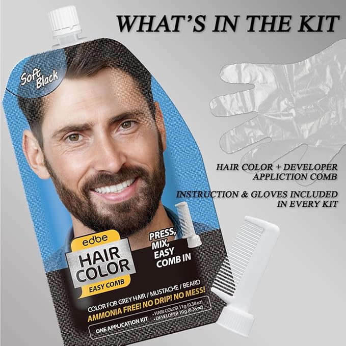 Edbe Hair Color Easy Comb Soft Black (2 Pack) - Grey Hair Mustache and Beard Coloring for Men with One Application Kit……