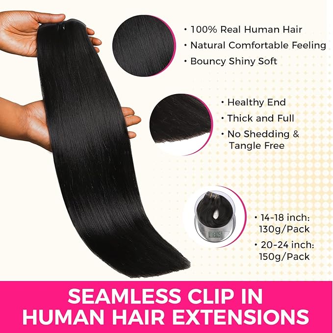 Lashey Seamless Clip in Hair Extensions Human Hair 130g 9pcs #1 Jet Black 16 Inch Light Yaki Straight Clip in Hair Extensions Real Human Hair with Flat PU Invisi Edge Full Pack