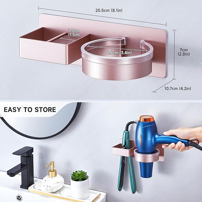 Blow Dryer Holder Wall Mounted, Hair Straightener Holder, Hair Dryer Holder Adhesive, Hair Tool Organizer for Flat Iron, Hairdryer, Curling Iron Holder for Bathroom Vanity Barber Shop (Rose Gold)