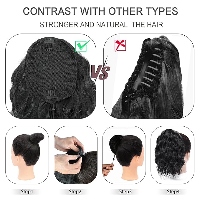 Ponytail Extension,12 Inch Drawstring Ponytail Hair Extensions for Women Synthetic Curly Wavy Fake Pony Tails Hair Pieces for Daily Party Use (1B)