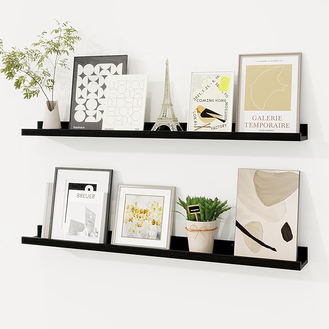 Picture Ledge Shelf, Solid Pine Wood Floating Shelves Set of 2, 32 Inches Nursery Book Shelves for Toys Storage, Kids Bookshelf Wall Mounted for Living Room Bedroom Decor Books Photo Frames, Black
