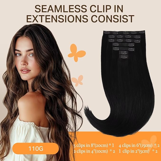 DOORES Human Hair Extensions Clip in, Jet Black 80g 7pcs 12 Inch, Thick Clip in Hair Extensions Remy Natural for Women Gift