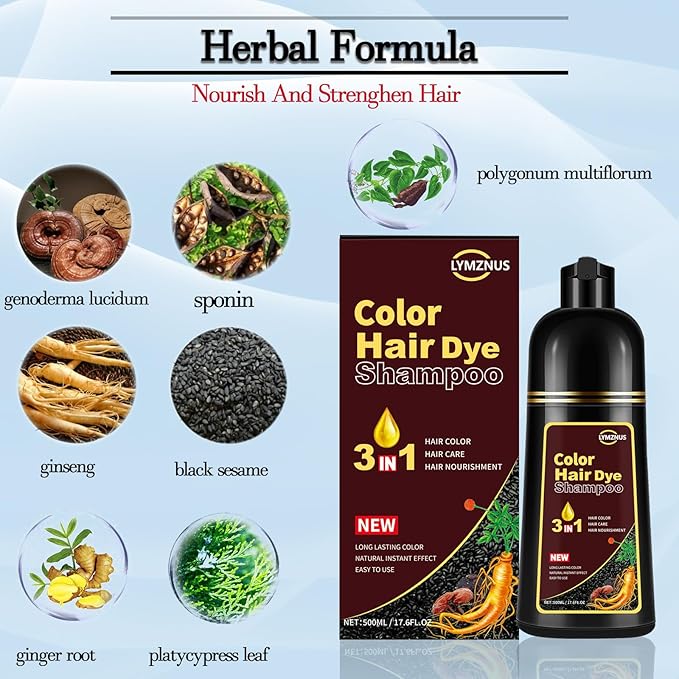 Instant chestnut brown Hair Dye Shampoo 3 in 1 for Gray hair, Herbal Color Shampoo champu para canas for Women and Men,100% Gray Hair Coverage, Hair Shampoo colors 500ml