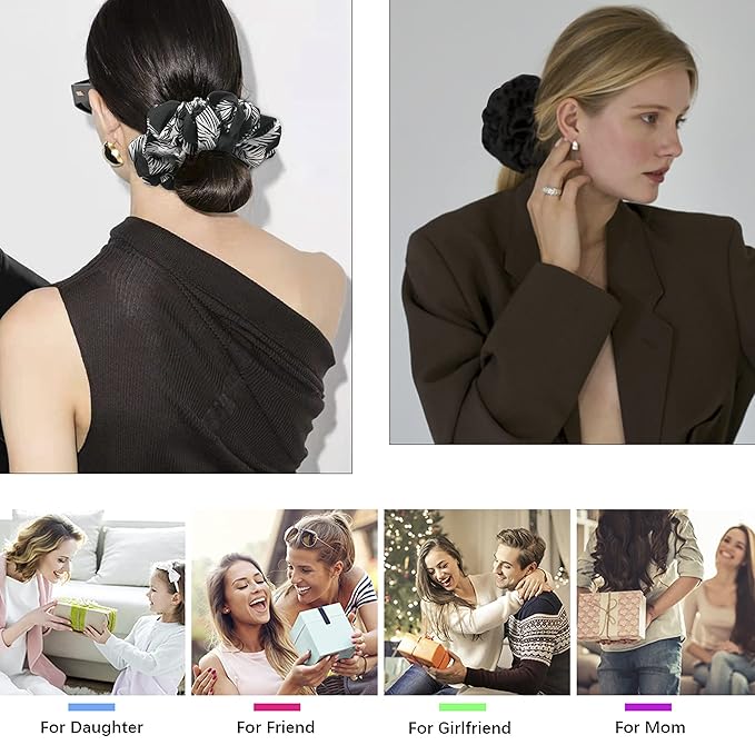 Scrunchies Hair Ties for Women - Big Silk Satin Scrunchie Exra Large Jumbo Gaint Oversized Pact of 4 Scrunchy for Curl Thick Hair Ligas Para el Cabello De Mujer Decoration Hair Accessories Gift
