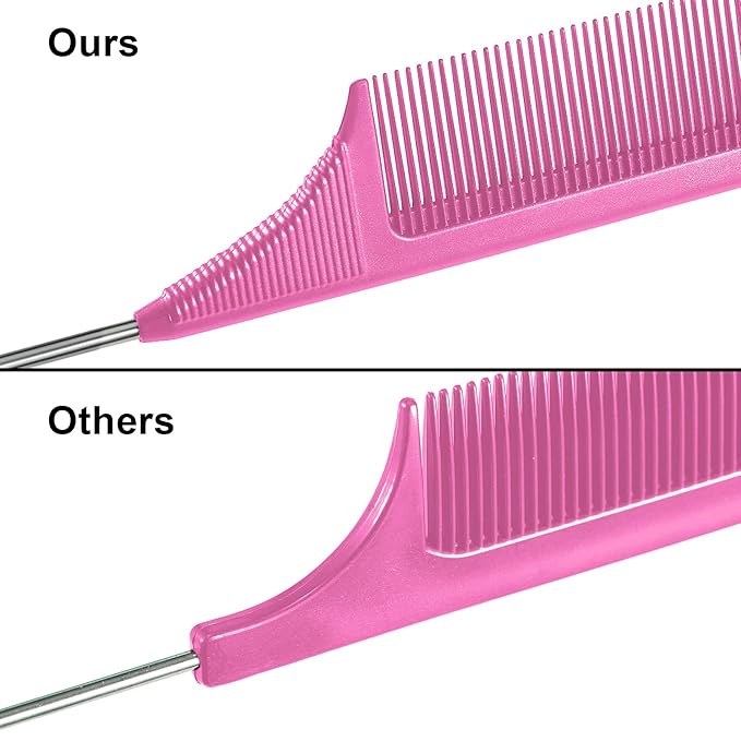 Leinuosen 3 Packs Rat Tail Comb Steel Pin Rat Tail Carbon Fiber Heat Resistant Teasing Combs with Stainless Steel Pintail (Yellow, Pink, Green)