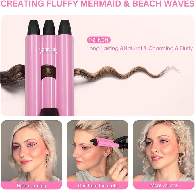 Mini Hair Crimper, janelove 1/2 Inch Beach Waves Curling Iron, Hair Waver for Short & Medium with 3 Ceramic Barrels, Home and Travel Friendly Crimper Hair Tool, Dual Voltage, 392℉ Fast Heating