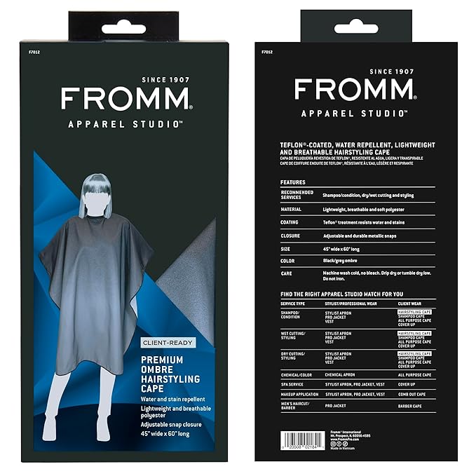 Fromm Professional Client Hair Styling and Hair Cutting Cape, Water and Stain Repellent Teflon Coating for Shampoo Bowl and Wet/Dry Cutting, 44" x 58", Black/Grey Ombre