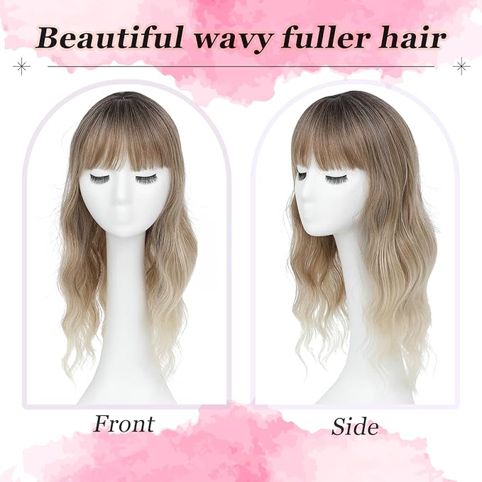 Hair Topper, 360° 3D Hair Toppers for Women with Thinning Crown, 20 Inch Long Wavy Curly Hair Pieces Clip in Bangs (Ombre Highlights Brown with Dark Root, 20 inch, French Bangs)