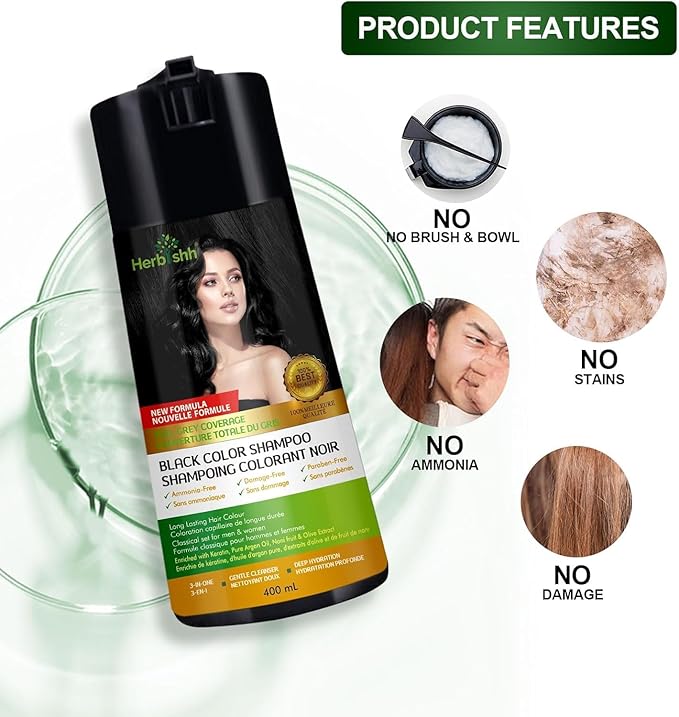 Herbishh Black 3 in 1 Hair Dye Shampoo 400 ML PPD + Hair Color Stain Protector – Dye Shield or Defender for Skin