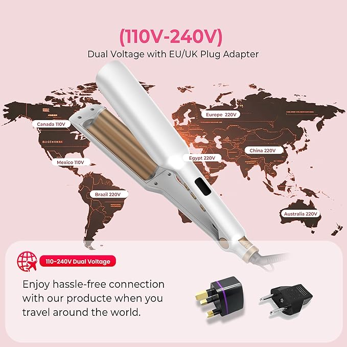 Curling Iron Hair Crimper Waver, 1/2 Inch Beach Waves Curling Wands, Ceramic 2 Barrels Deep Waver, Dual Voltage Hair Culer Tools with EU/UK Plug Adapter, 12 Temps, 30S Fast Heat up, Auto-Off (White)