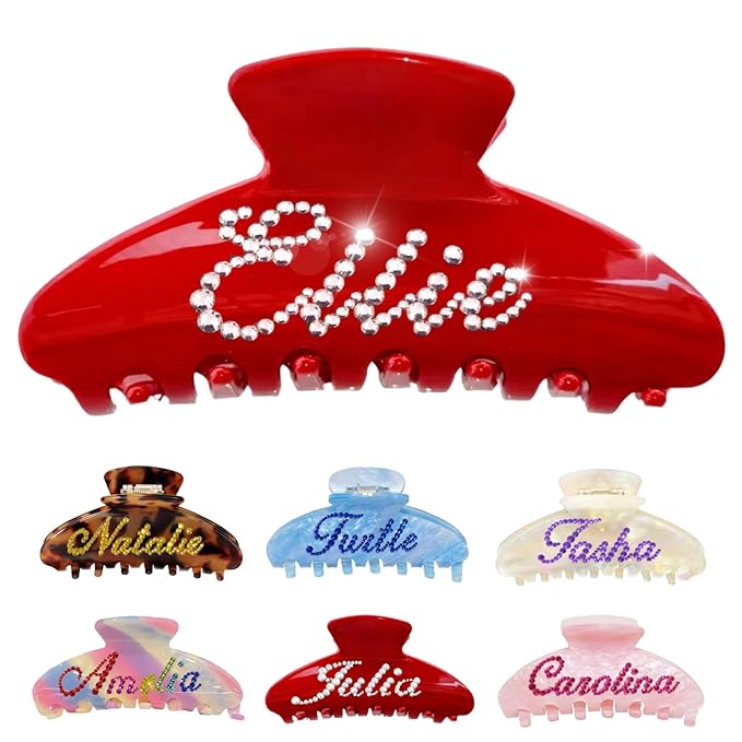 Personalized Colorful Name Hair Claw Clips for Women,Custom Hair Clips with Diamond,Cute Hair Accessories 4",Handmade Rhinestones Hair Clamp Gifts for Mom,Bride,Wife,Bridesmaid,Couples（Red）