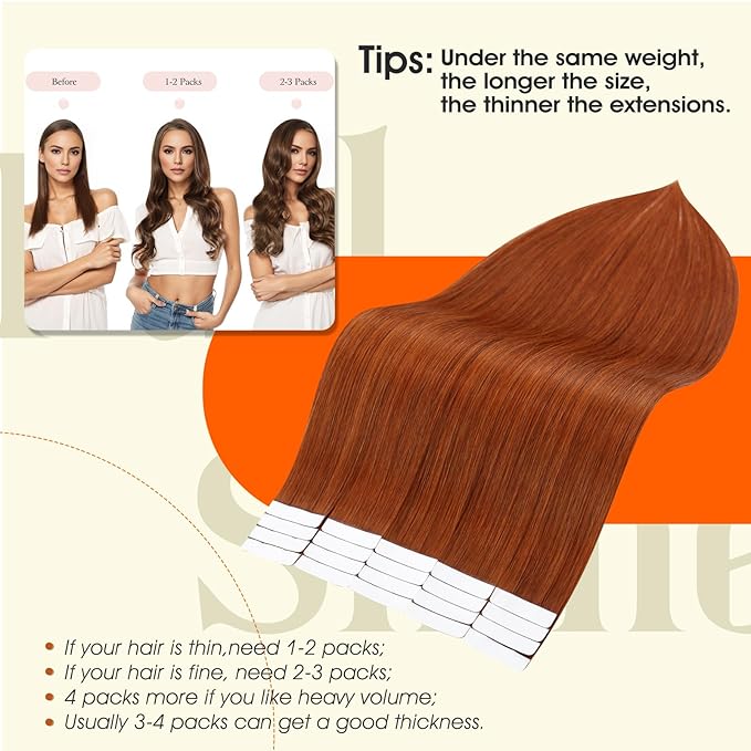 Full Shine Hair Extensions Real Human Hair Color 550 Copper Remy Tape in Hair Extensions Human Hair 16Inch Seamless Invisible Skin Weft 50Gram 20Pcs Silky Straight Extension