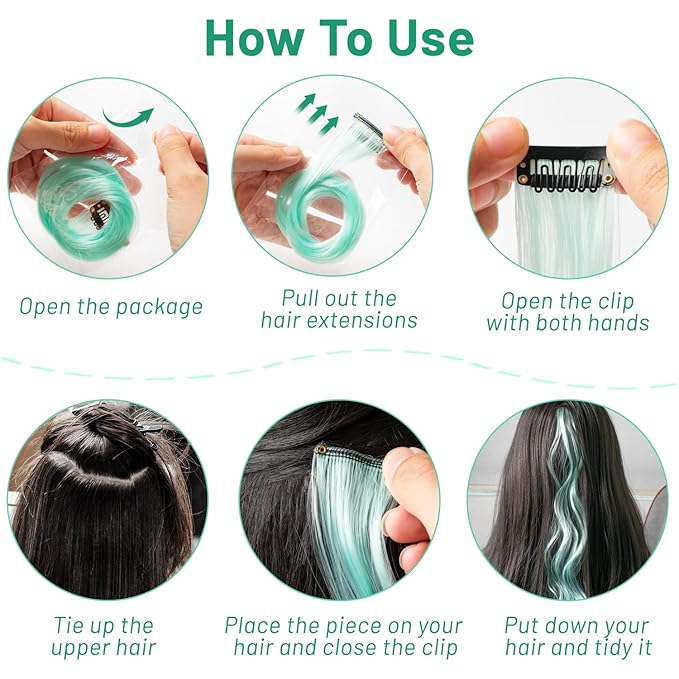 16 Pcs Mint Green Hair Extensions Curly Wavy Clip in Synthetic Hair Extensions,Colorful Party Highlights Hairpiece Streak for Girls Women Kids Cosplay Party Christmas Gift(Light Green)