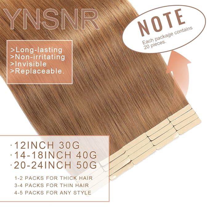 Golden Brown Tape in Hair Extensions Real Human Hair 24 Inch Tape for Skin Weft Hair Extension Invisible Tape in Hair Extensions Straight Remy Human Hair for Women 20pcs