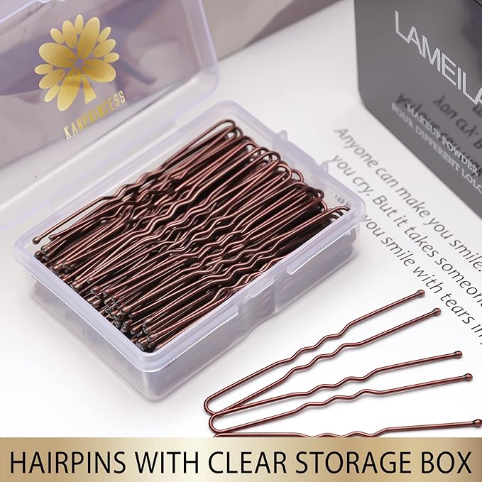 100PCS 2.4Inch U Shaped Hair Pins,Brown Bobby Pins for All Hair Types,Hair Pins for Women,Pain-Free U Pins for Buns With Box（Brown）