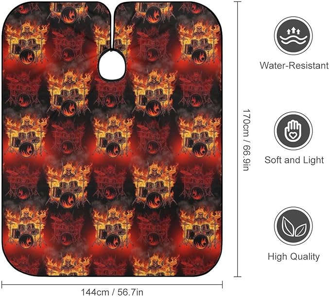 Extra Long Professional Salon Cape, Haircut Apron Rock Drum Fire Flame Skull Skeleton Hair Cutting Gown for Styling Hair Cut Hairdresser