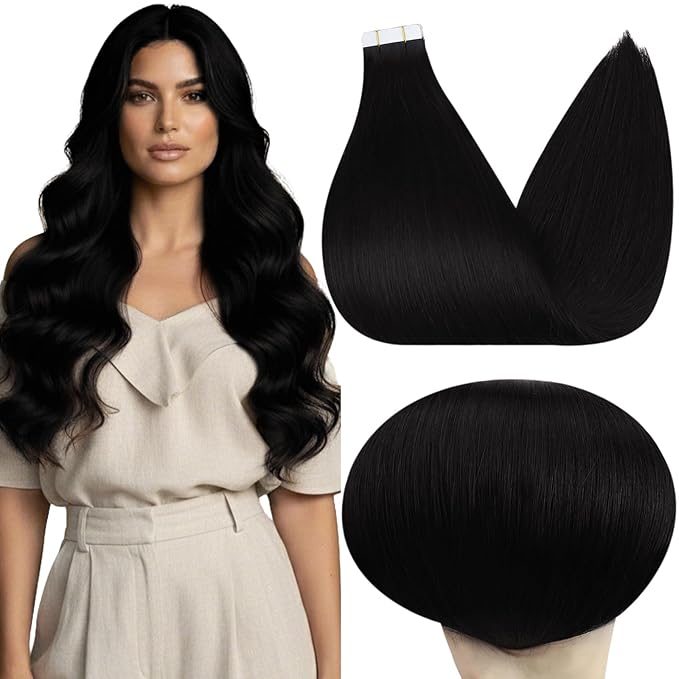 Full Shine Tape in Hair Extensions Human Hair 22 Inch Color 1 Jet Black Invisible Tape in Hair Extensions Human Hair Double Sided Seamless Tape in Extensions 40 Pcs Add Length 100 Gram