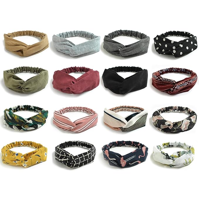 DRESHOW 16 Pack Turban Headbands for Women Elastic Back Twisted Hair Bands Face Vintage Cross Head Wrap Hair Accessories
