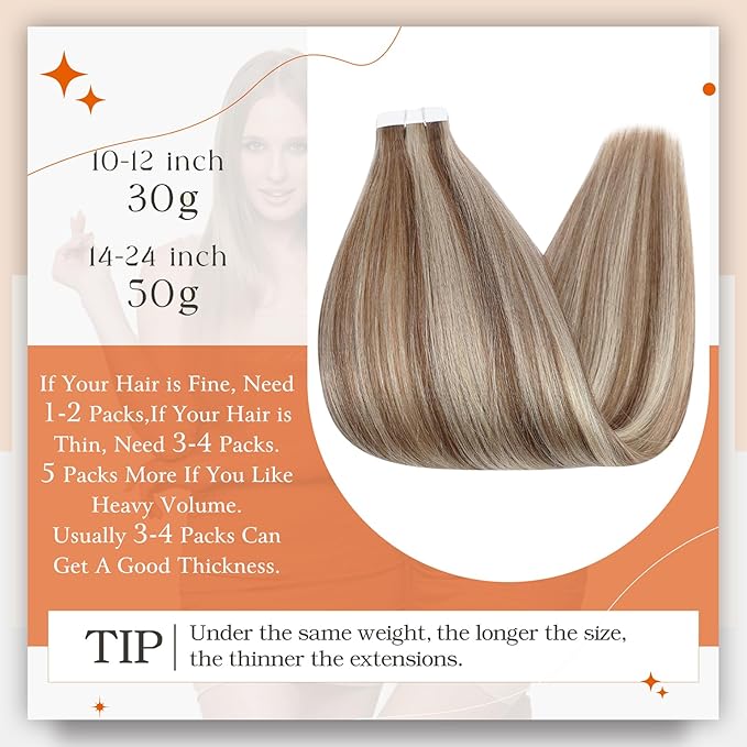 Full Shine Tape in Hair Extensions 18 Inch Invisible Skin Weft Tape Hair Extensions Color 10 Golden Brown Highlighted 613 Blonde Remy Seamless Extension 50G Adhesive Tapes Straight Extension 20Pcs