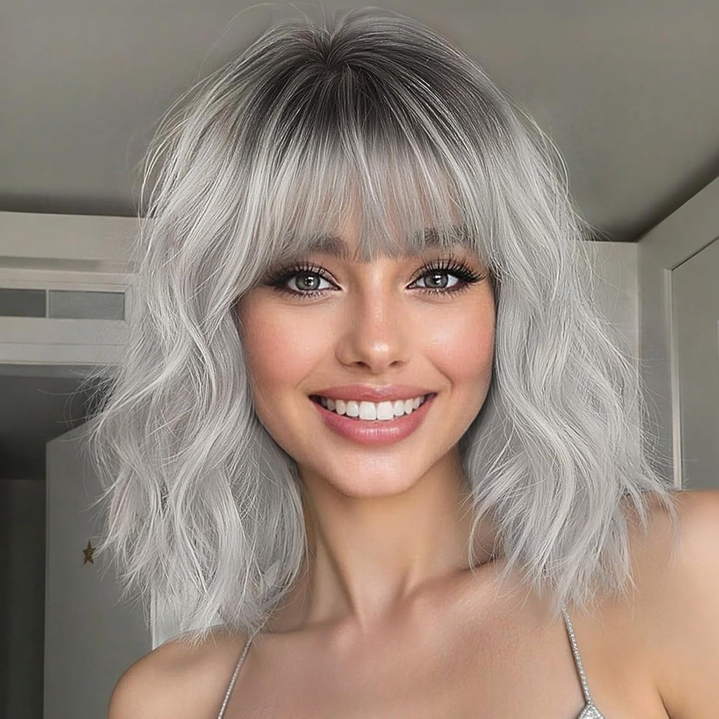 Nnzes Ombre Silver Wig with Bangs for Women White Bob Wavy Charming Synthetic Wigs with Natural Shoulder Length Curly Heat Resistant Hair for Daily Party Use