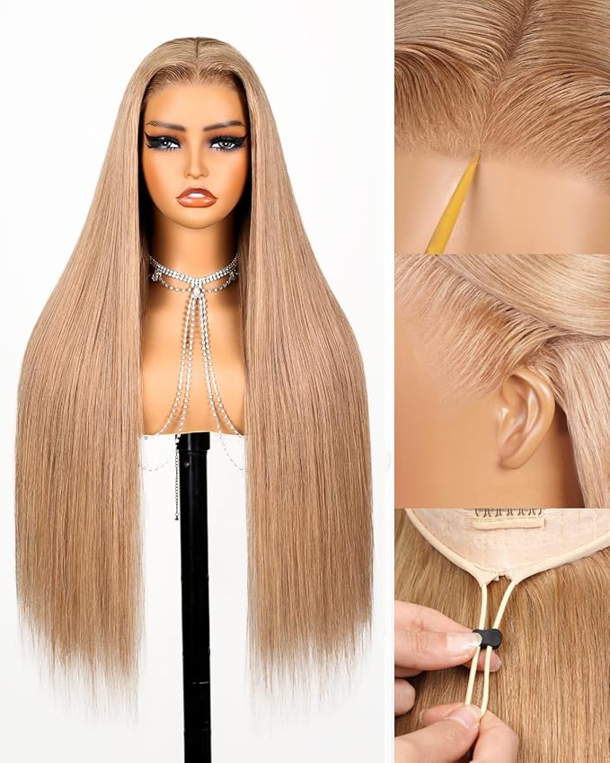 Arabella 13x6 Light Brown Blonde Wig Human Hair Glueless Wigs Human Hair Pre Plucked Pre Cut 13x6 Ear to Ear Full HD Lace Front Wigs 210% Density Straight Wig Drawstring Wig Human Hair 26 Inch