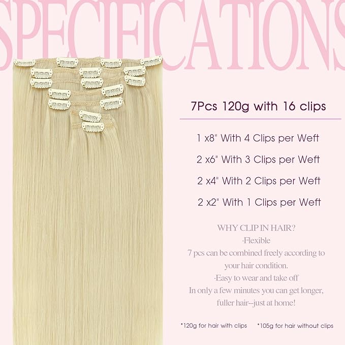 PINKPEARL Clip in Hair Extensions #60 Platinum Blonde Clip in Hair Extensions Real Human Hair 7pcs 120g 22inch Blonde Hair Extensios Clip ins for Women Straight Natural Human Hair Clip ins (#60-22)