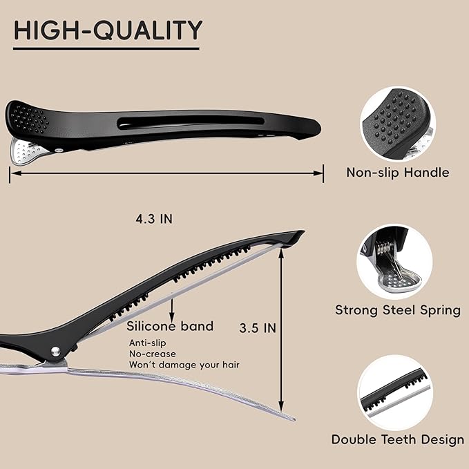 20 PCS Duckbill Hair Clips for Sectioning -4.3” Professional Non-Slip Hair Clamps with Silicone Band, Gentle No-Mark Hold for Thick Hair, Styling & Coloring