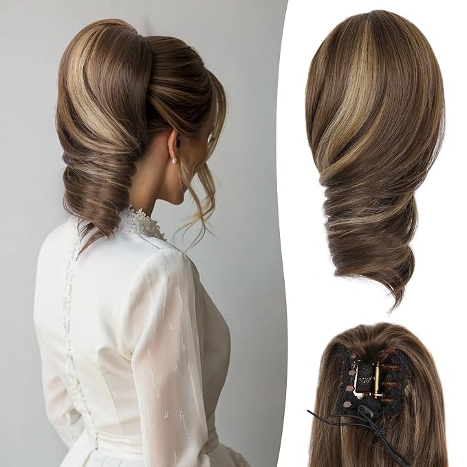 12 Inch Short Ponytail Extension - Curly Pony Tails Hair Extensions, Claw Clip Ponytail Extension, Synthetic Hair Extensions Ponytail, Clip in Ponytail (Color: Chestnut Brown With Golden Highlights)