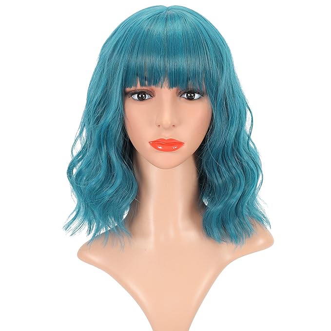 FAELBATY Blue Wig Short Bob Wigs With Bangs Shoulder Length Wig For Women Curly Wavy Synthetic Cosplay Wig for Girl Costume Wigs (12" blue color)