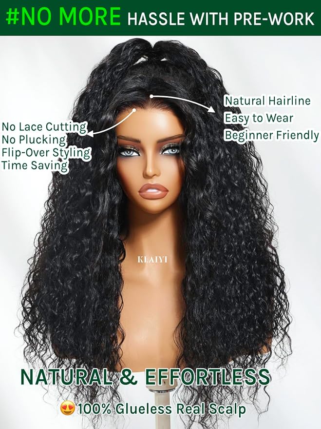 KLAIYI Water Wave 3 In 1 Flip Over 3/4 Half Wig Human Hair Curly Flip Over Seamless Blend Edges Glueless Wear and Go Drawstring Headband Clip In Wigs for Women Ready to Go Wig Beginner Friendly 24Inch