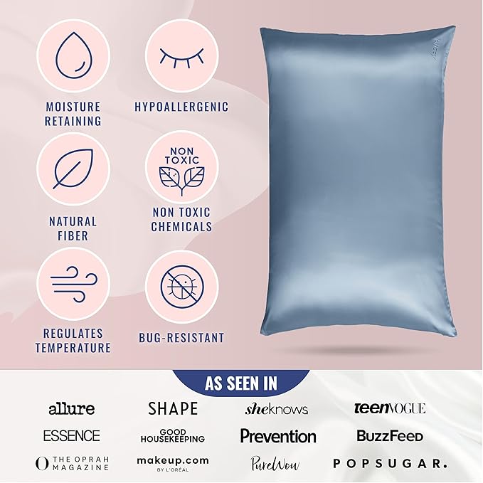 Blissy Silk Pillowcase - 100% Pure Mulberry Silk - 22 Momme 6A High-Grade Fibers - Silk Pillow Cover for Hair & Skin - Regular, Queen & King (Ash Blue, King)