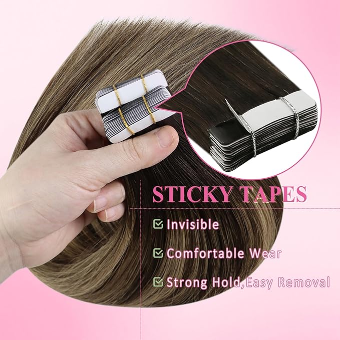 YoungSee Tape in Hair Extensions Human Hair Balayage Tape in Hair Extensions Human Hair Ombre Dark Brown to Blonde Tapes ins Human Hair Extension 12In Tape-on Hair Extension for Short Hair 20pcs 30g