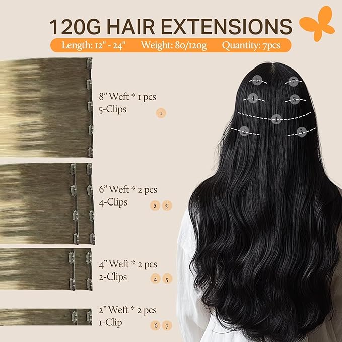 DOORES Human Hair Extensions, Ash Brown to Platinum Blonde 24 Inch 7pcs 120g, Remy Hair Extensions Clip in Human Hair Extensions For Women Clip in Natural Hair Extensions Thick Silky Straight