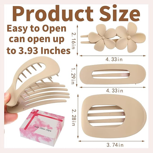 12 Pcs Flat Hair Clips for Women, 3 Styles Matte Flower Hair Clips and Flat Clips, Big and Small Neutral Colors Non-slip Flat Claw Clips Thin Thick Curly Straight Hair Accessories