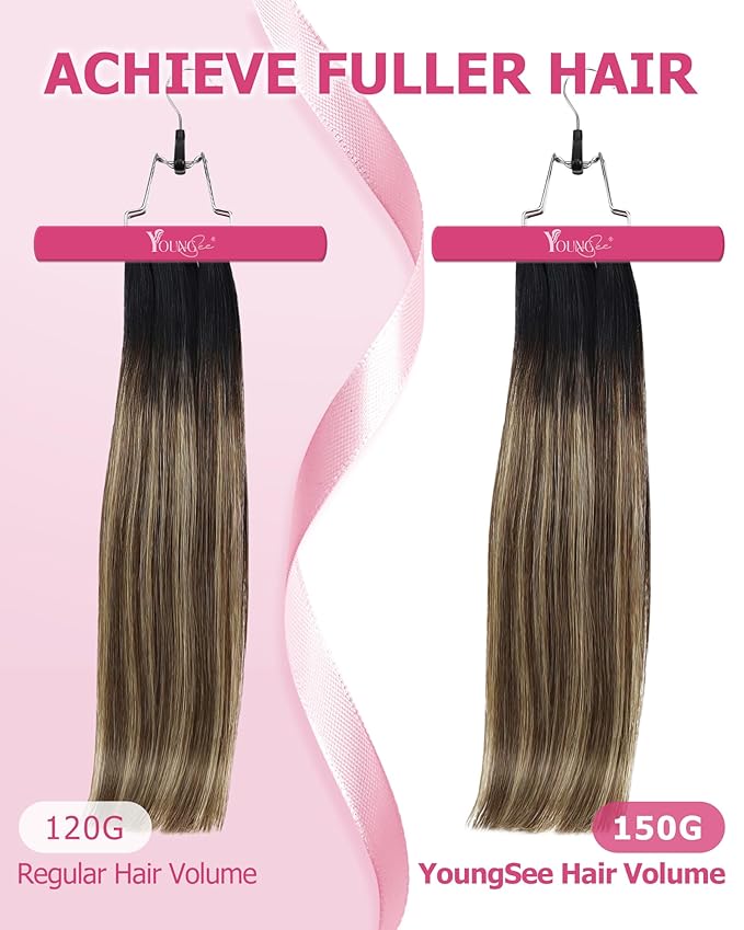 YoungSee 135G Clip in Human Hair Extensions Black Ombre Hair Extensions Clip ins Balayage Black Roots to Brown with Caramel Blonde Clip on Hair Extension Real Human Hair 18In 7Pcs