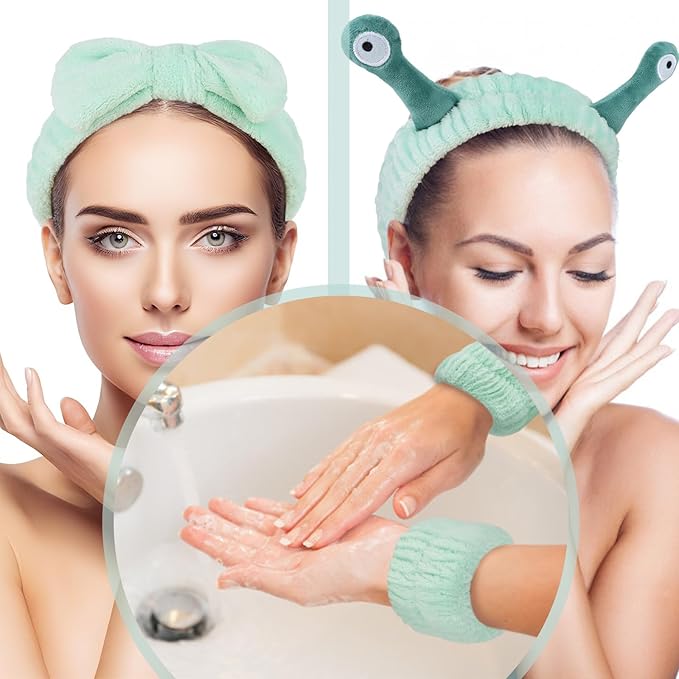 Skincare Headband Bow Snail Spa headband and Wristband Set, 6 Pack Cute Makeup Headbands for Washing Face, Fun Gifts for Women and Girls