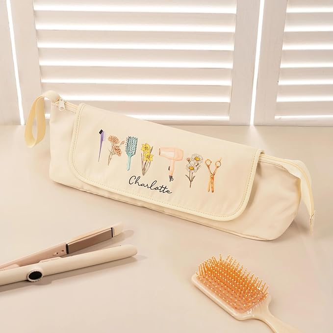 Custom Hair Tools Travel Bag with Heat Resistant Mat Personalized Name 3 Birth Flowers Hair Tool Organizer For Straightener Curling Iron Gifts For Women Mother Daughter 4.7×5.9×18INCH