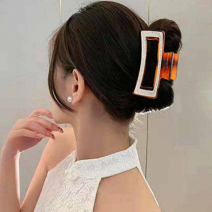 Rhinestone Hair Claw Clips for Women, Vintage Acrylic Large Crystal Jaw Clamps Luxury Elegant Rectangle Plastic Claw Clip with Strong Hold for Thin Thick Hair Fashion Wedding Party Accessories（2 Pack)