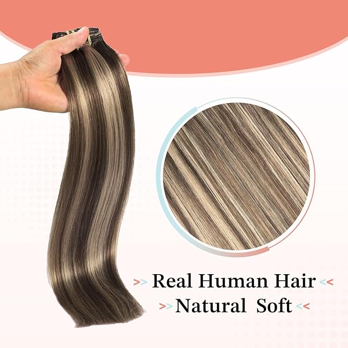 XDhair Clip in Hair Extensions Human Hair 160g 20 Inch 7pcs Chocolate Brown Mixed Caramel Blond Clip in Hair Extensions Real Human Hair for Full Head #4p27/20 inch