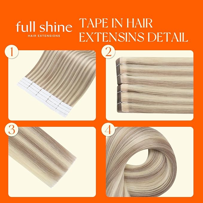 Full Shine Injection Tape in Hair Extensions Color 18/613 Ash Blonde and Light Blonde 24 Inch Invisible Tape in Extensions Long Straight Skin Weft 50 Grams 20 Pcs for Party